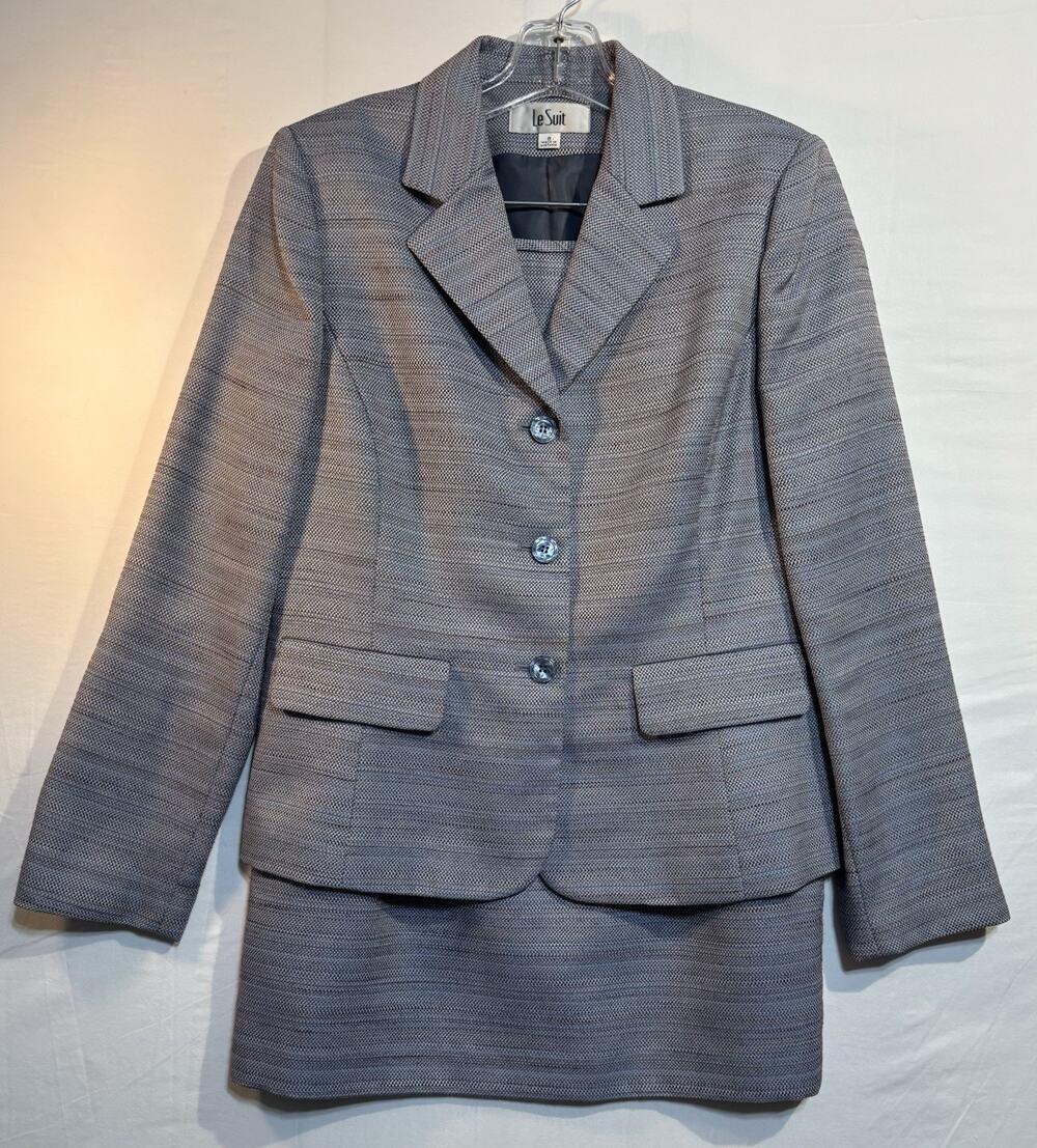 Le Suit Women’s Size 8 Blue Gray Skirt Suit 2 Piece Career Business Office Set